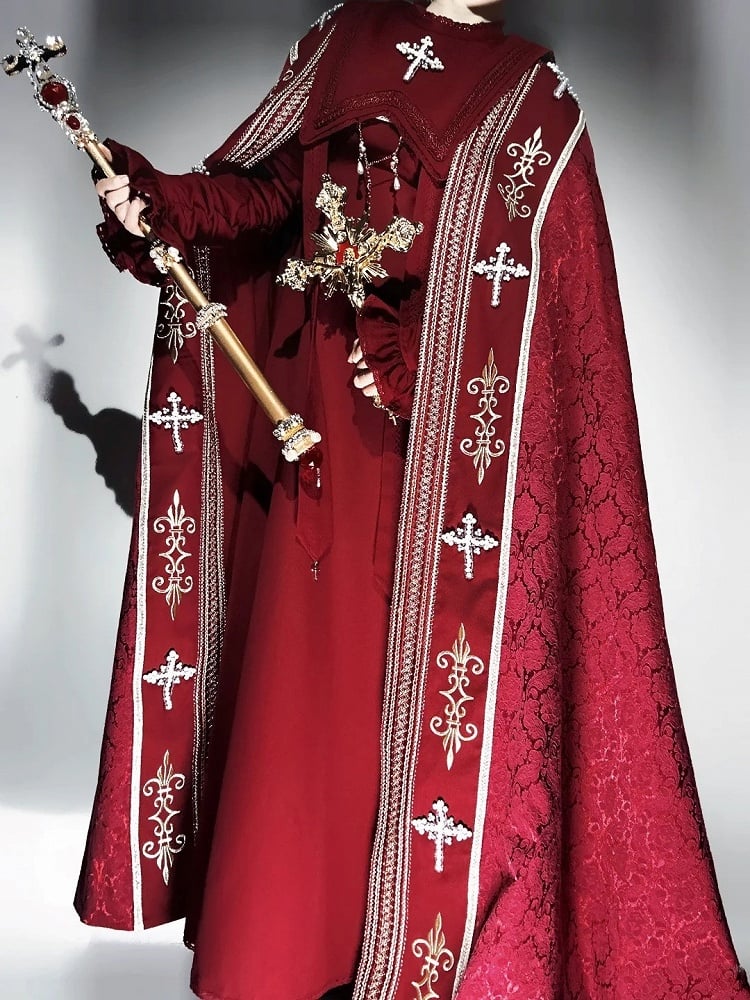 Cross Decorated Details Lolita Cloak and Wine Embroidery Red Nun
