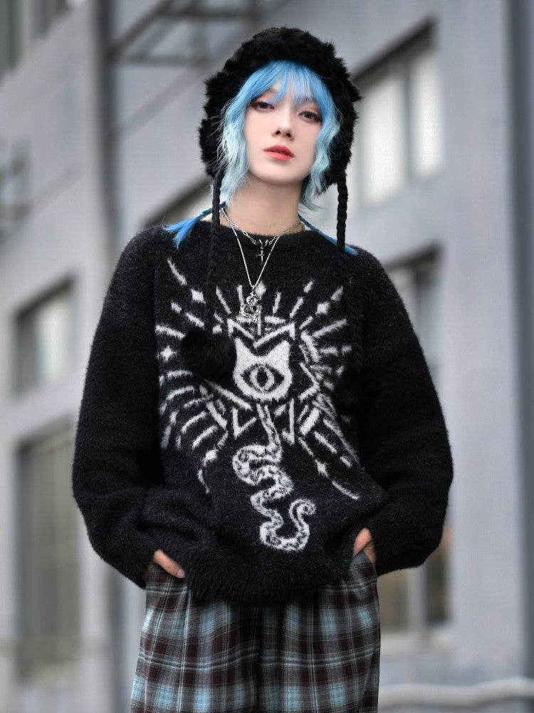 with Mythical Faux Sweater Gothic Jacquard Cheongsam Mink Black Cat