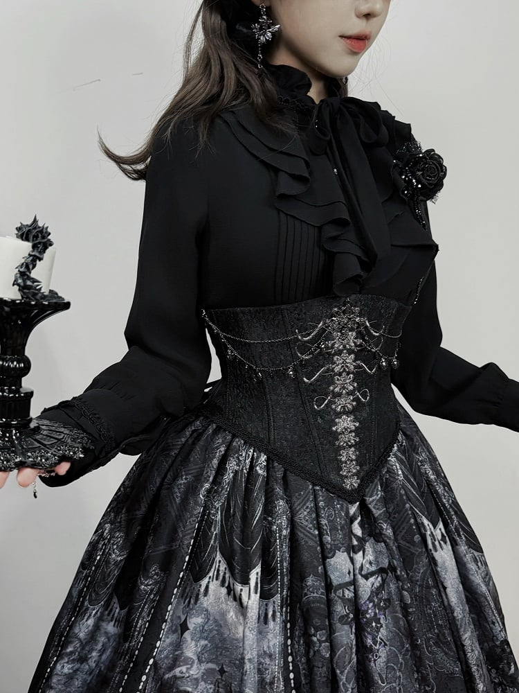 Jabot Sleeves with Details Shirt Long Collar Pleated Black