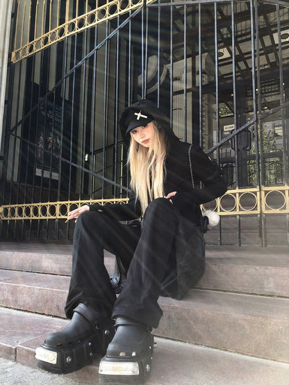 and Mini with PU Sweatpants Attached Black Thigh-High Skirt Slit