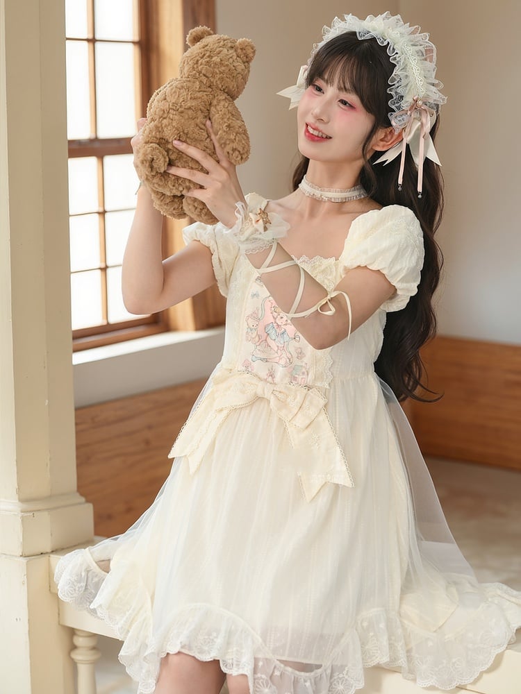 Sweet Fairy Tale Print Apricot Square Puff Short Casual Bow Big Lolita Dress Waist Neckline Sleeves and