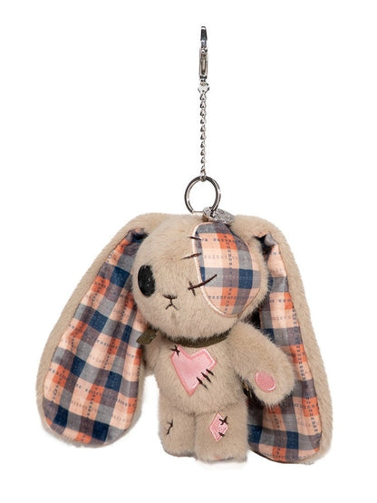 sign Bunny Khaki Heart Details Guro Kawaii - with Keychain Pattern Stitching Plaid