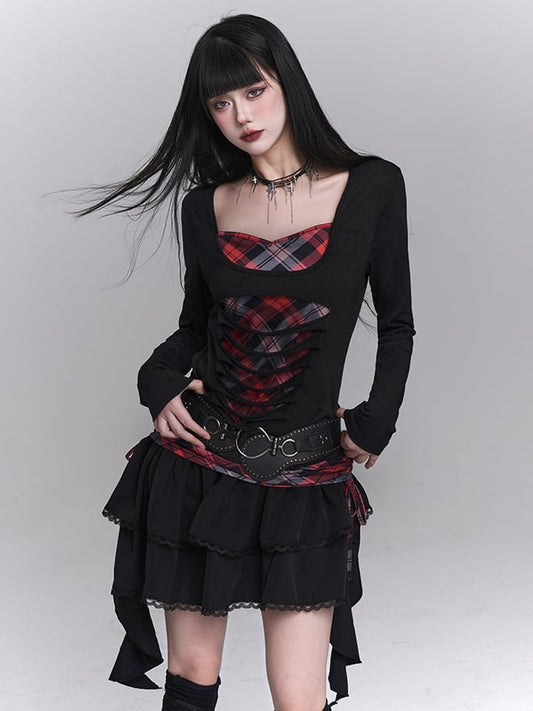 Sweetheart Neckline Distressed Holes Faux Two-pieces Red