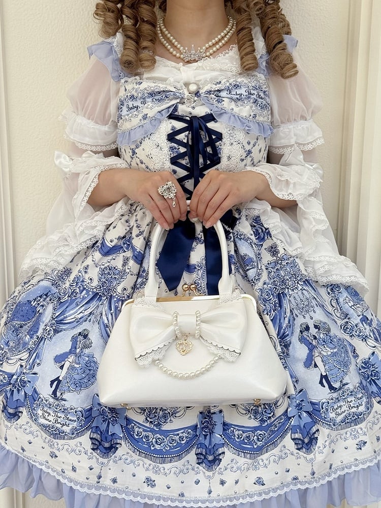 Ivory Classic Lolita Purse with Pearl Link and Ribbon Bow - Sheep Puff Bag