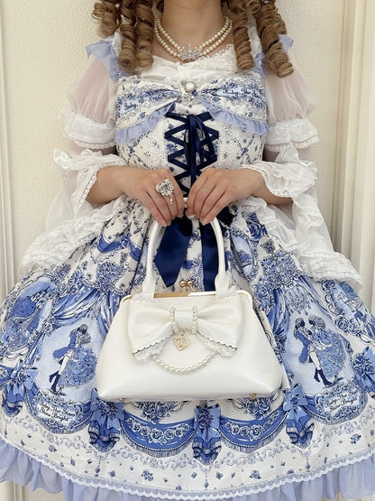 Ivory Classic Lolita Purse with Pearl Link and Ribbon Bow - Sheep Puff Bag