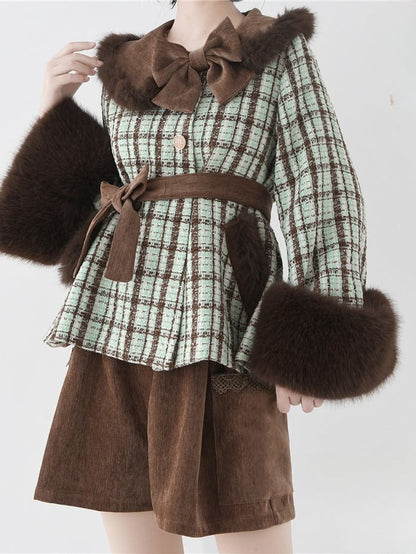 Plush Faux Coat Cropped Fur Cuffs Mint Green Tweed Chocolate with Lolita