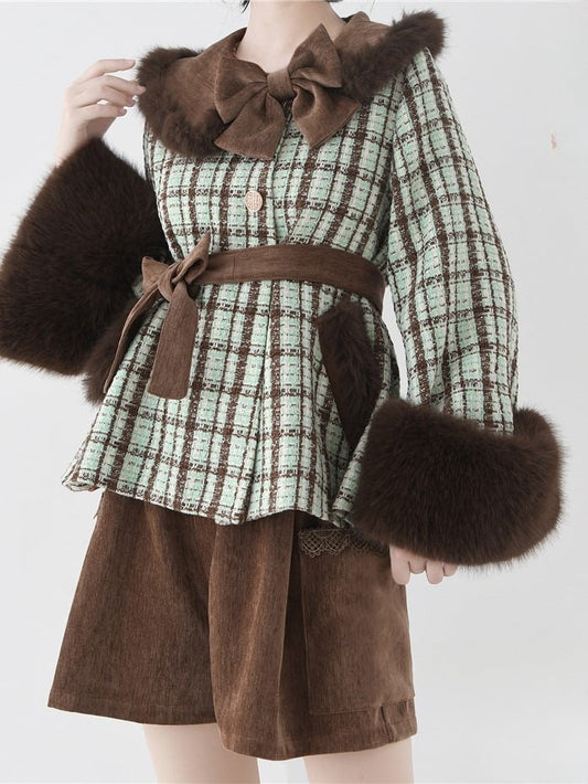 Plush Faux Coat Cropped Fur Cuffs Mint Green Tweed Chocolate with Lolita
