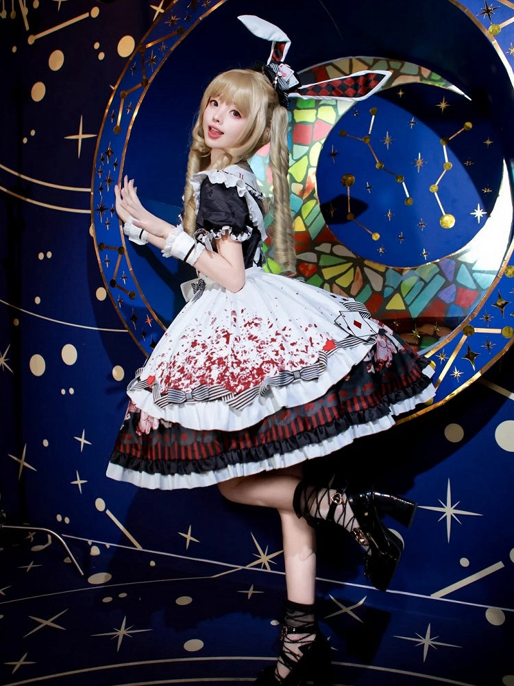 Sweet Lolita Apron Dress OP Full Set with Bunny & Teapot Print in Black and Red - Ying Luo Fu