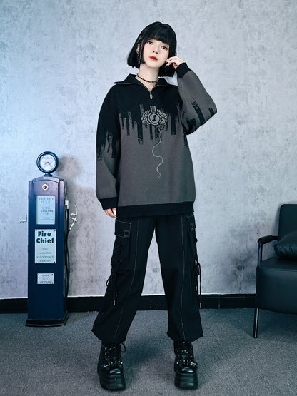 Black with Cargo Gothic Cheongsam Pants Cross-Tie Embroidery Butterfly Pockets