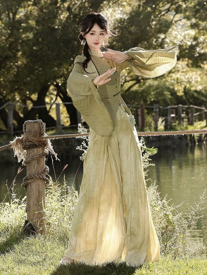 Asymmetrical Green Long-Sleeved Top with Pleated Pants Outfit, Modern Chinese Style - Han Ru Chu Hanfu &amp; Han-Element Studi