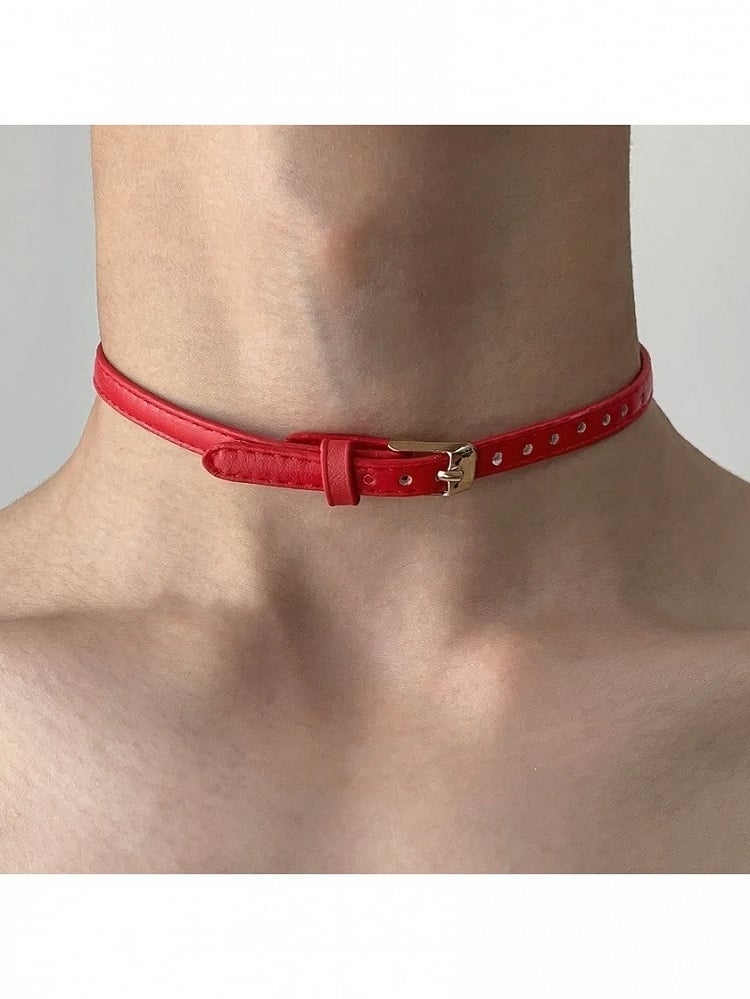 Red Choker with Metal Buckle Accent - YSHXS