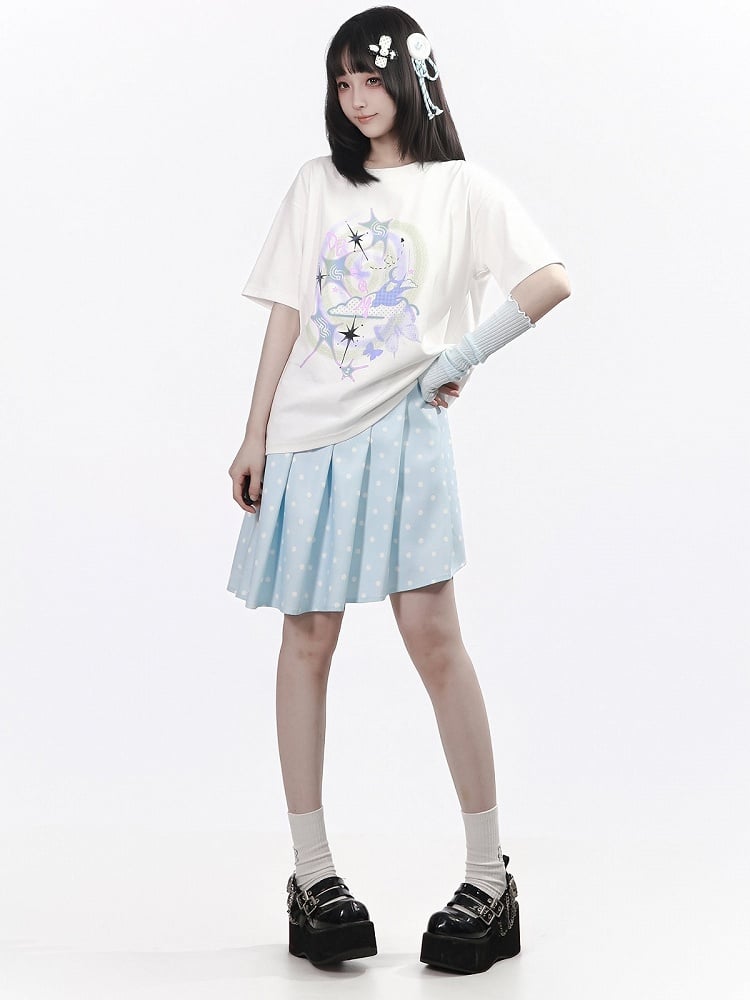 White Round Neck Short Sleeve T-Shirt with Nebula Print - PINK SAVIOR
