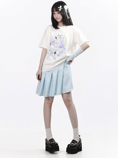 White Round Neck Short Sleeve T-Shirt with Nebula Print - PINK SAVIOR