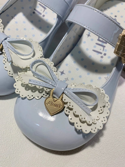 Schleife mit Design Cake Blue - Absatz Layered Lolita Schuhe Schnalle Pumps Light Low Cute