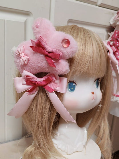 White/Pink Bowknot + Lolita Sweet Plush Hairclip Bunny