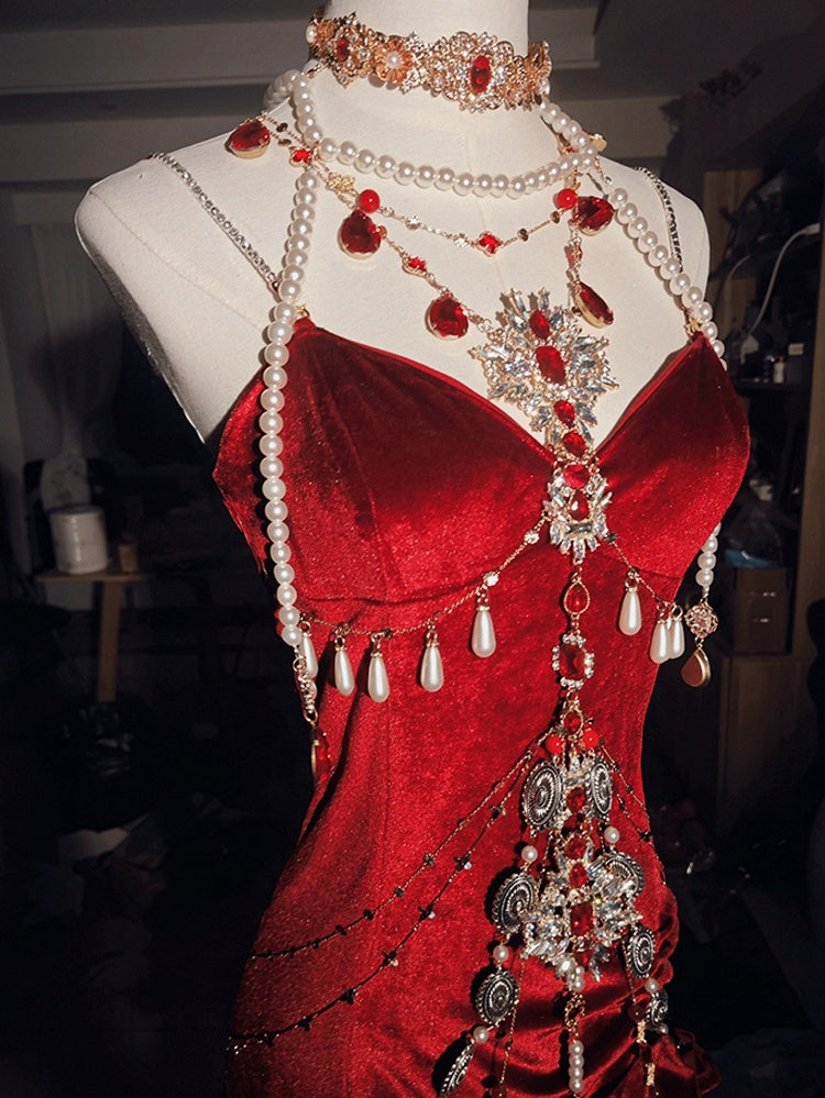 Rot/schwarzes Meerjungfrauenrock-Abendkleid aus Samt mit rückenfreiem Sirenenkleid (Nur Kleid! Accessoires im Lieferumfang enthalten)