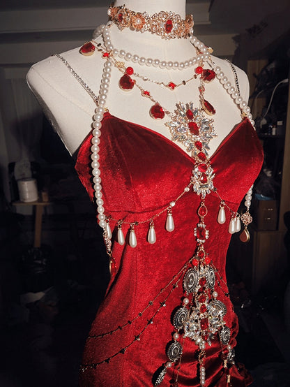 Red Velvet Mermaid Skirt Backless Siren Dress Evening Gown