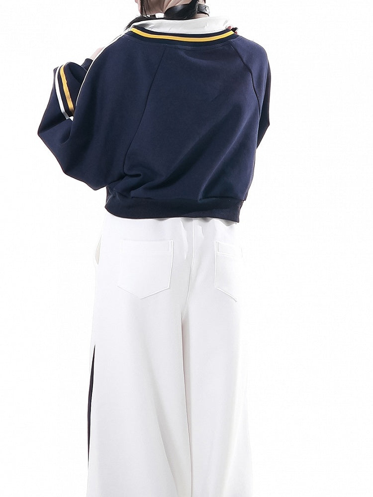 Collared Sweatshirt Preppy Cropped with Print Number Blue Dark Shield Patch