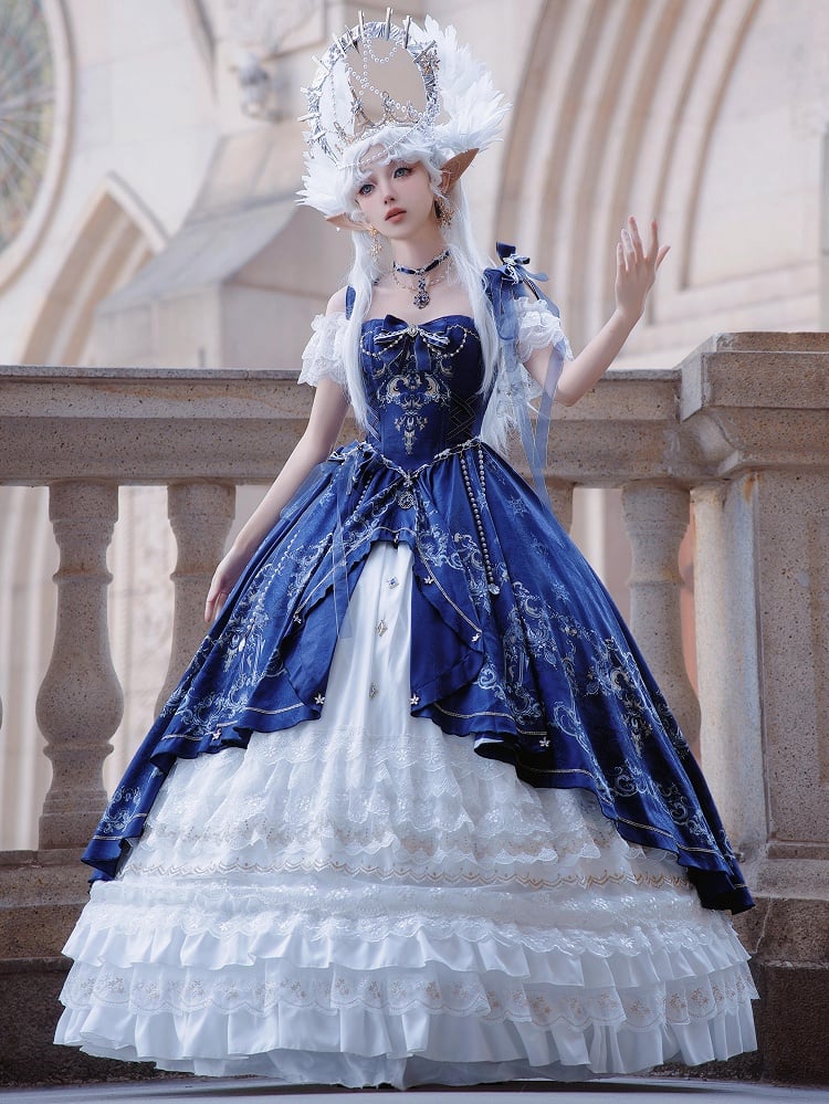 Dark Blue and White Boned Corset Bodice Gorgeous Printed Train Lolita Dress Full Set