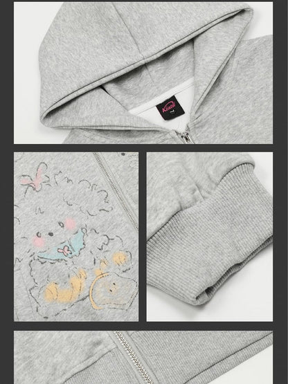 Grau/Weißer Frühlings-Kapuzenpullover mit Cartoon-Tiermuster
