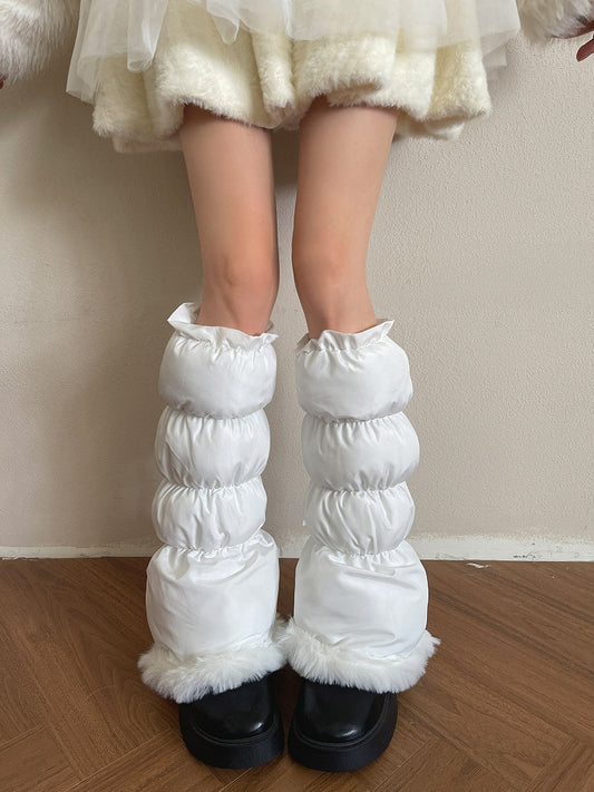 White Leg Plush-Trimmed Warmers Puffer