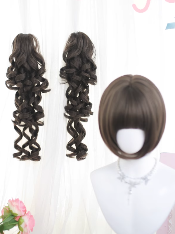 ストレートクリップ、クローカットバングス＋ダブル50CMボブ、ポニーテール付き、フルブラウン/ブロンドウィッグ、ウェーブ30CM長さ