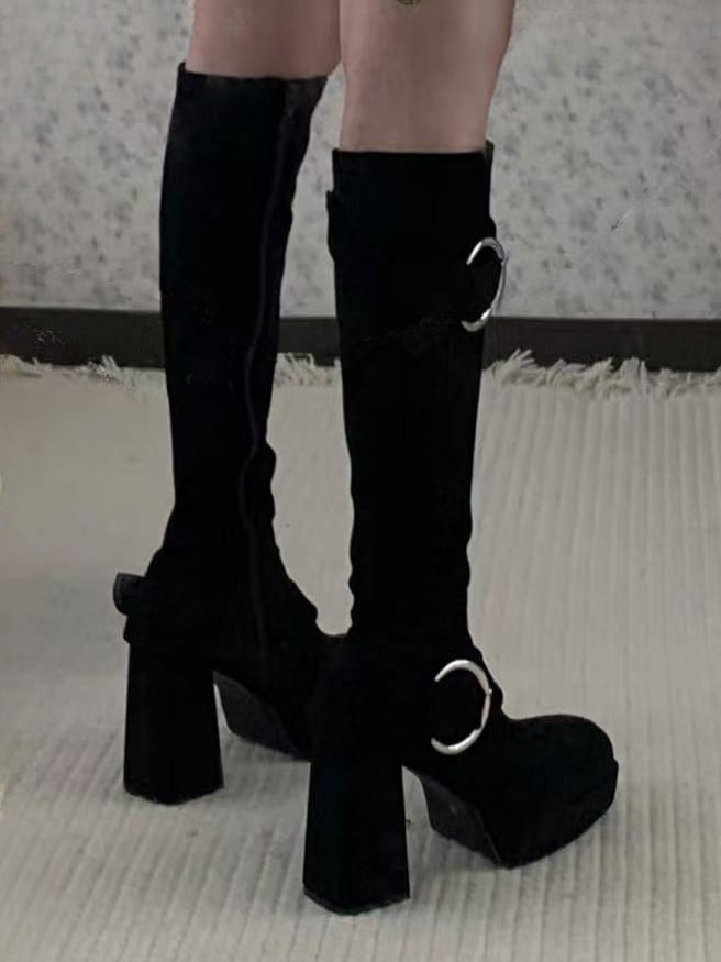 High Black Heel Platform Square Boots with Design Block Toe