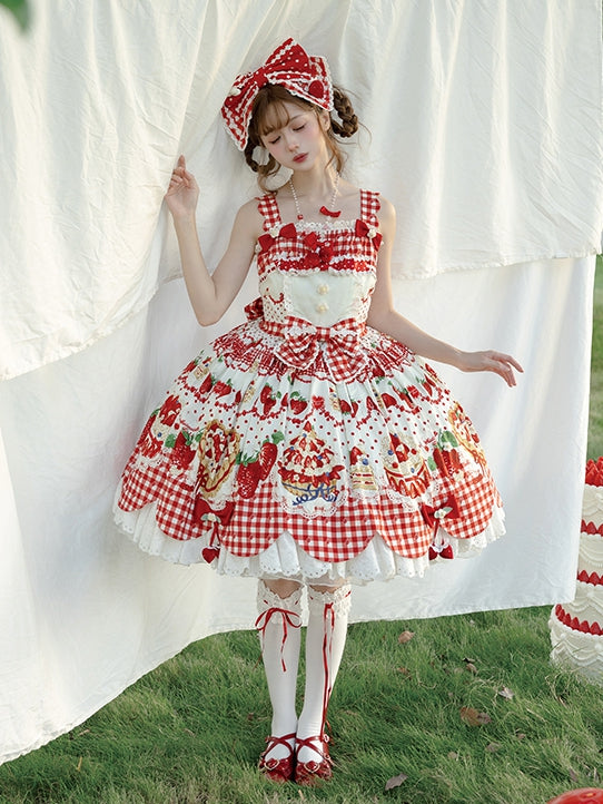 Cake Red Lolita Trim Scalloped Eyelet Strawberry White Dress JSK Print with