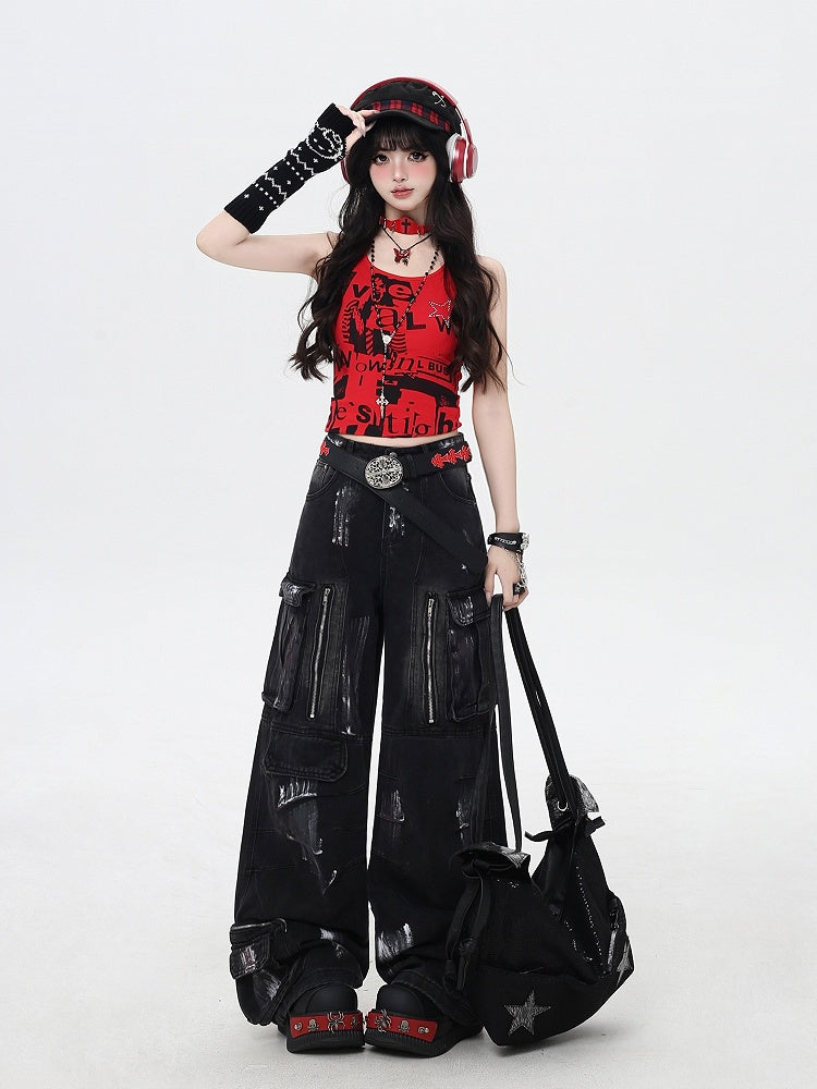with Cut Rise Denim Pants Cargo Leg Paint Low Spray Black Wide
