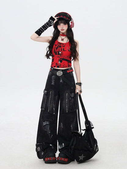 with Cut Rise Denim Pants Cargo Leg Paint Low Spray Black Wide