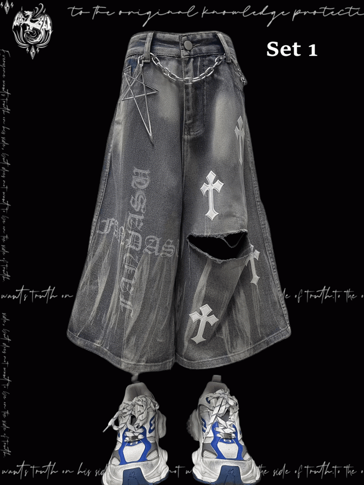 Y2K Blaue Jeans mit weitem Bein und Kreuzapplikationen im Used-Look