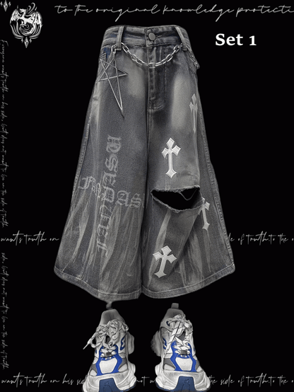 Y2K Blaue Jeans mit weitem Bein und Kreuzapplikationen im Used-Look