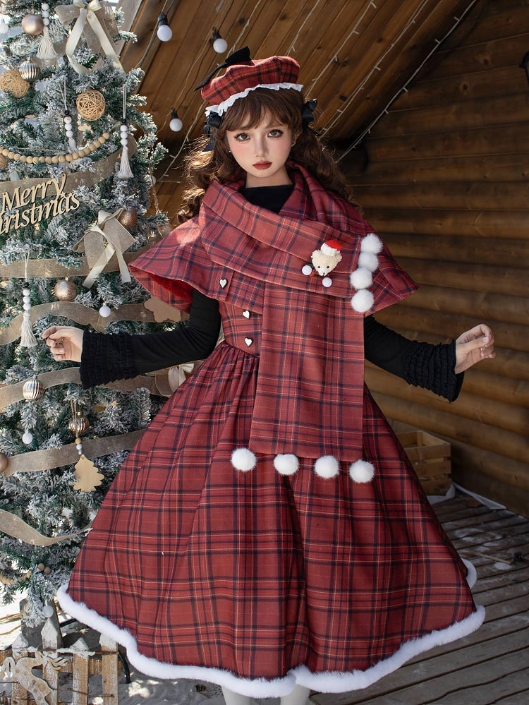 Under Boned Short Bust Plush Waist Red Lolita Version Dress Plaid and Hemline Christmas