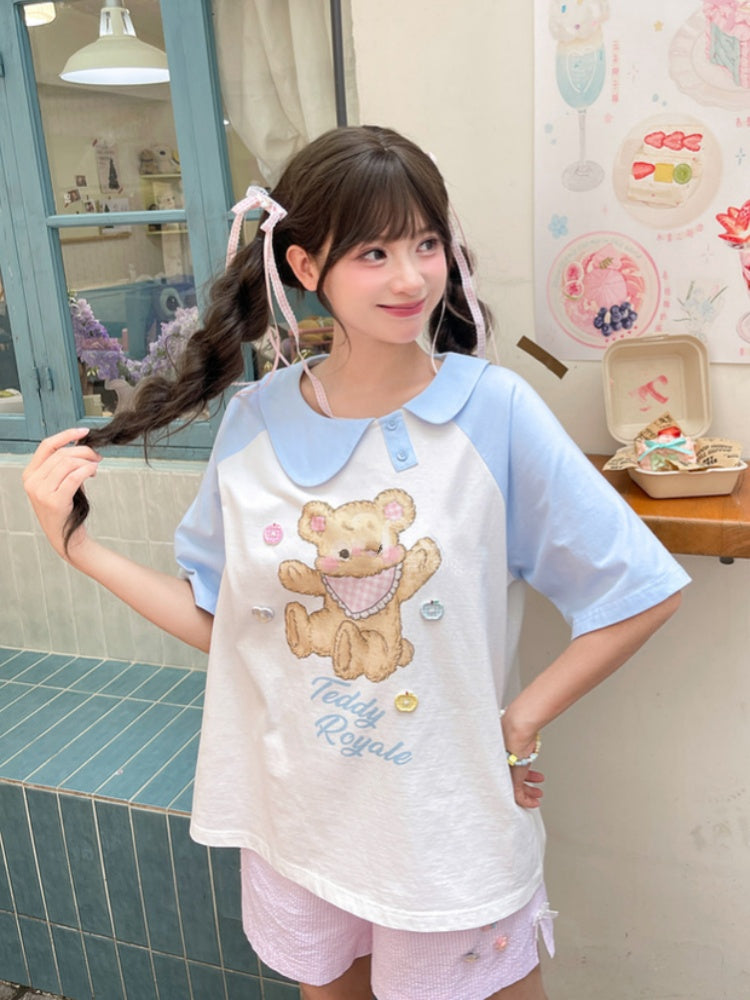 青と白のアシンメトリーピーターパンカラーベアプリントTシャツロングバージョン