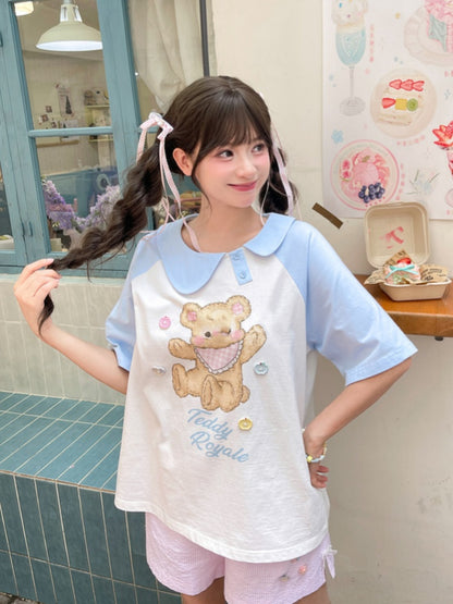 青と白のアシンメトリーピーターパンカラーベアプリントTシャツロングバージョン