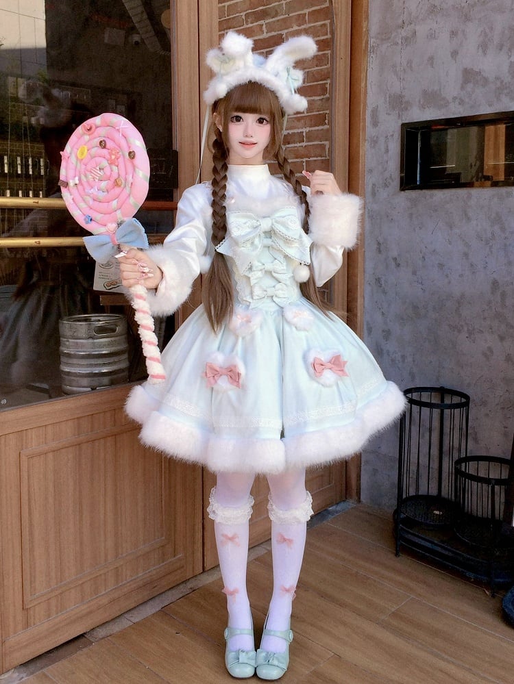 Bunny Ears Hooded Cape - Sweet Lolita Pink & White Faux Fur Dress