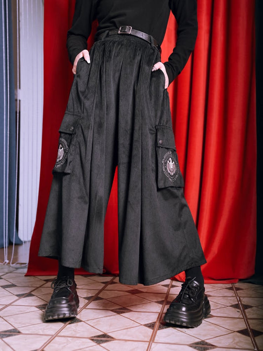 Black Crow with Pants Wide-Leg 3D Gothic Pockets Embroidered Corduroy Flap Cheongsam