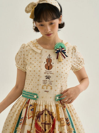 Long White Musical Print Peter Pan Collar OP Dress with Tassels - Crucis Universal Tailor Company