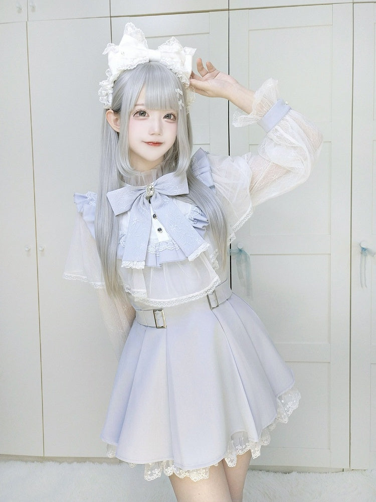 Blue Cape Design Long Sleeve Dress with Lace and Shorts Set - Faded Dolls