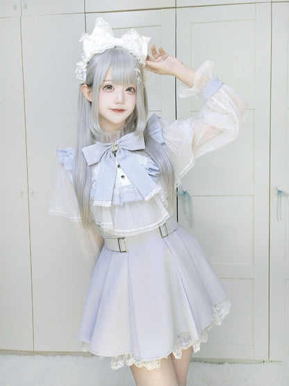 Blue Cape Design Long Sleeve Dress with Lace and Shorts Set - Faded Dolls