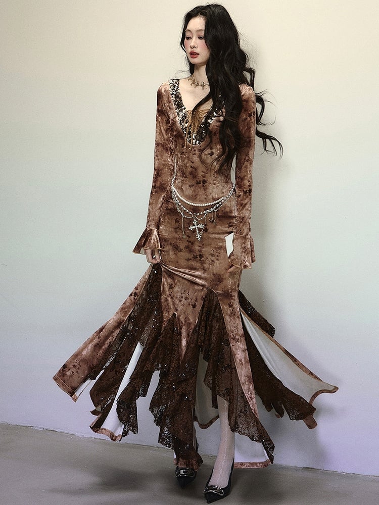 Kaffee Pailletten V-Ausschnitt Hohe Taille Spitze Patchwork Volant Meerjungfrau Rock Samtkleid Abendkleid