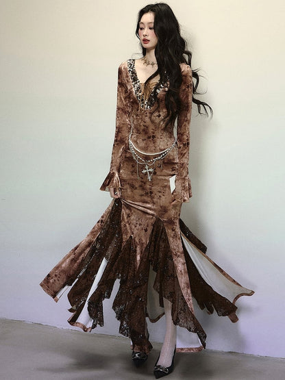 Kaffee Pailletten V-Ausschnitt Hohe Taille Spitze Patchwork Volant Meerjungfrau Rock Samtkleid Abendkleid