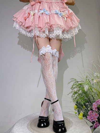 Süße Lolita Overknee-Strümpfe mit weißer Schleife und Spitzenbesatz