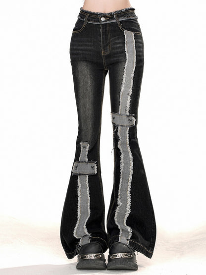 Distressed Black High Waist Flare Jeans with Raw Hem - Kelly Kitty