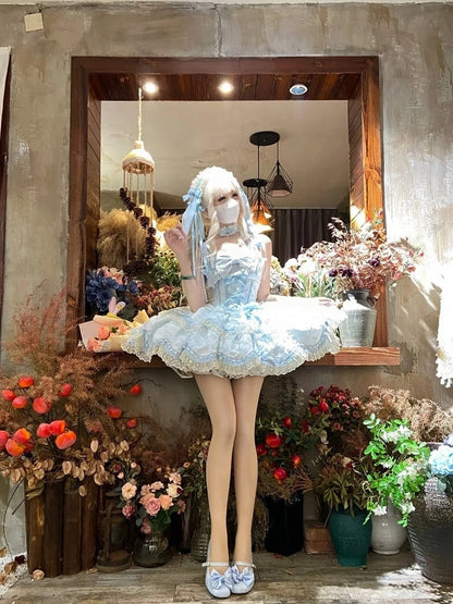 Blue Lolita Bow JSK Jacquard Apricot Doll-Style Lace Dress Floral with