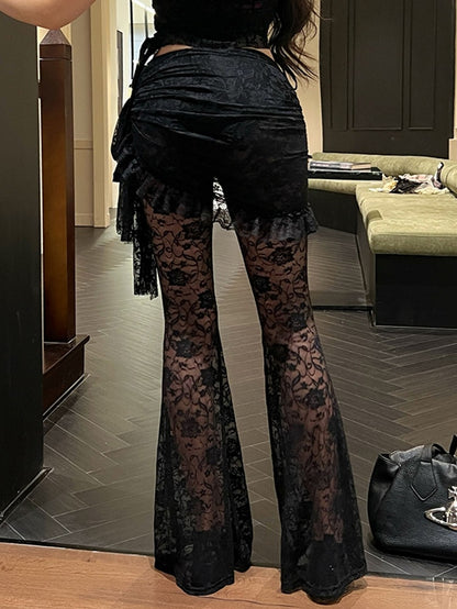 Flare Gothic Black Set: Halloween Floral Draped Embroidered Skirt Pants + with Asymmetrical Tie