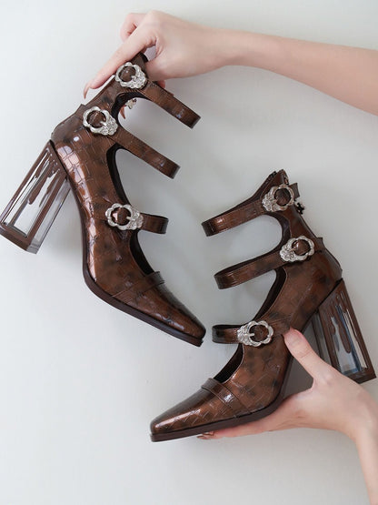 Polished Brown Gothic Crocodile Buckle Straps Blood Drip High Block Heels