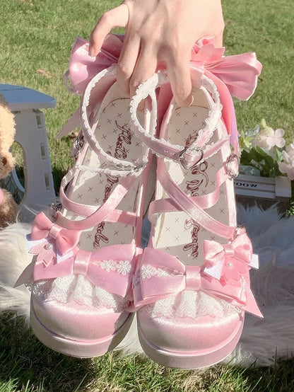 Details Crisscross - Embroidered High Pink with Platform Bow Design Floral Lolita Heel Sweet Block Shoes