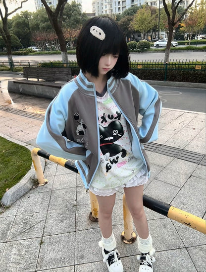 Blue and White Colorblock Long Sleeve Top with Cat Print