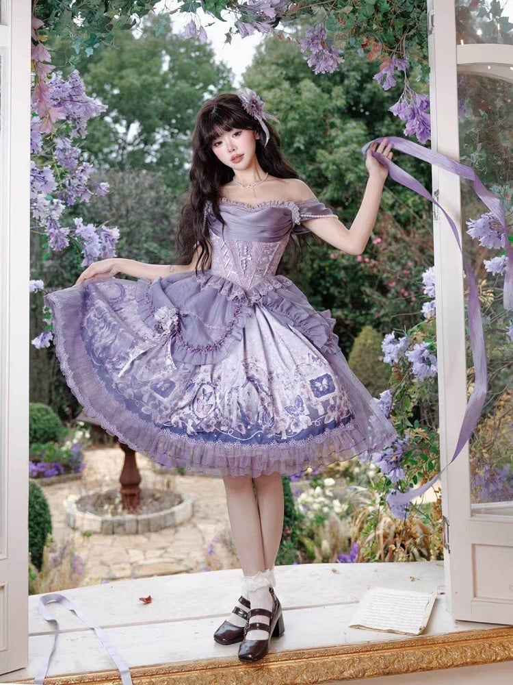 Skirt Elegant Purple and Classic Butterfly Top Waist Corset + Floral Boned Set Lolita Print